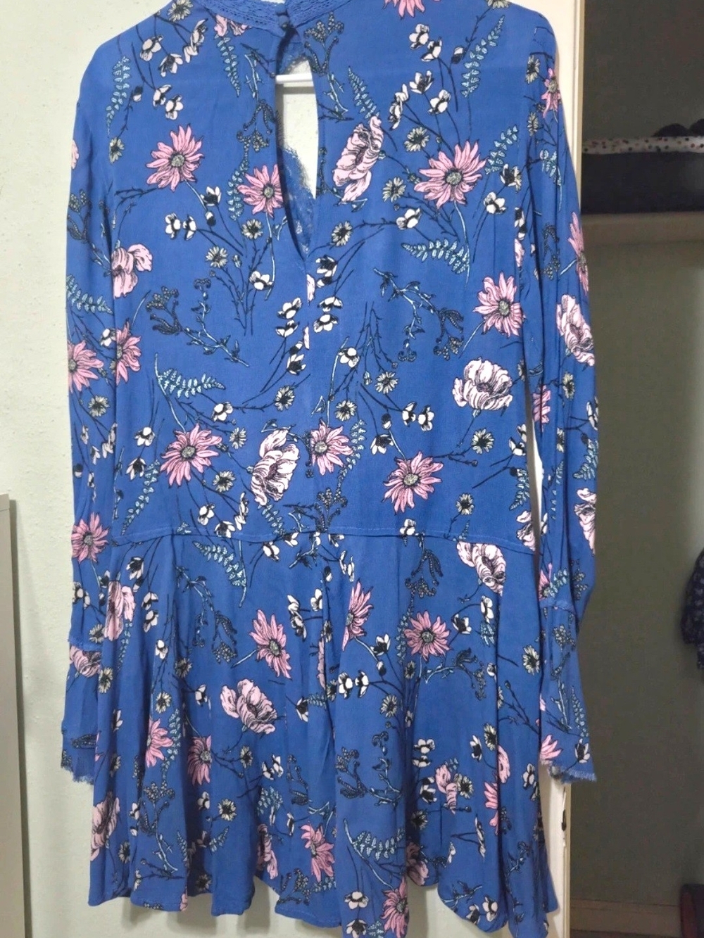 Lulu's Royal Blue Floral Long-Sleeve Twirl Dress with Pink Blooms